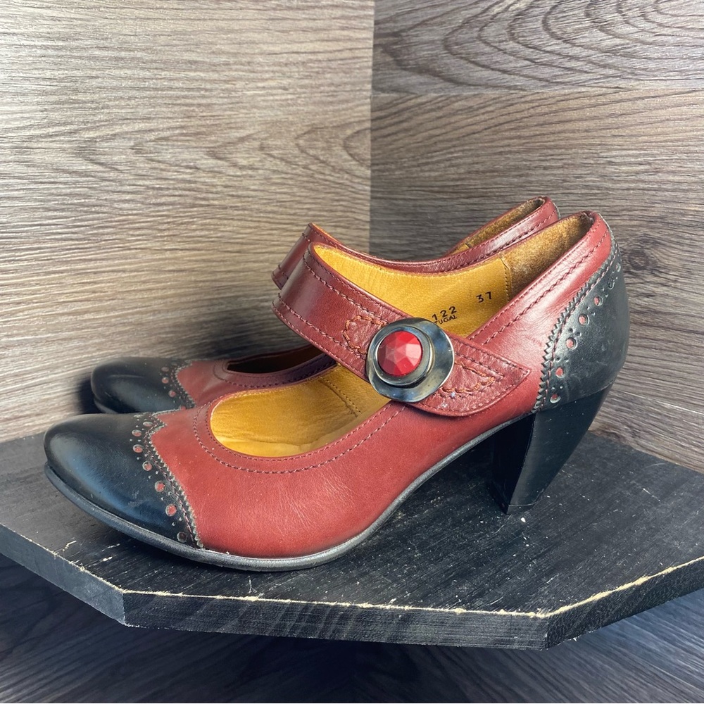 Fidji fidji red black strap leather heels vintage pumps - Picture 3 of 6